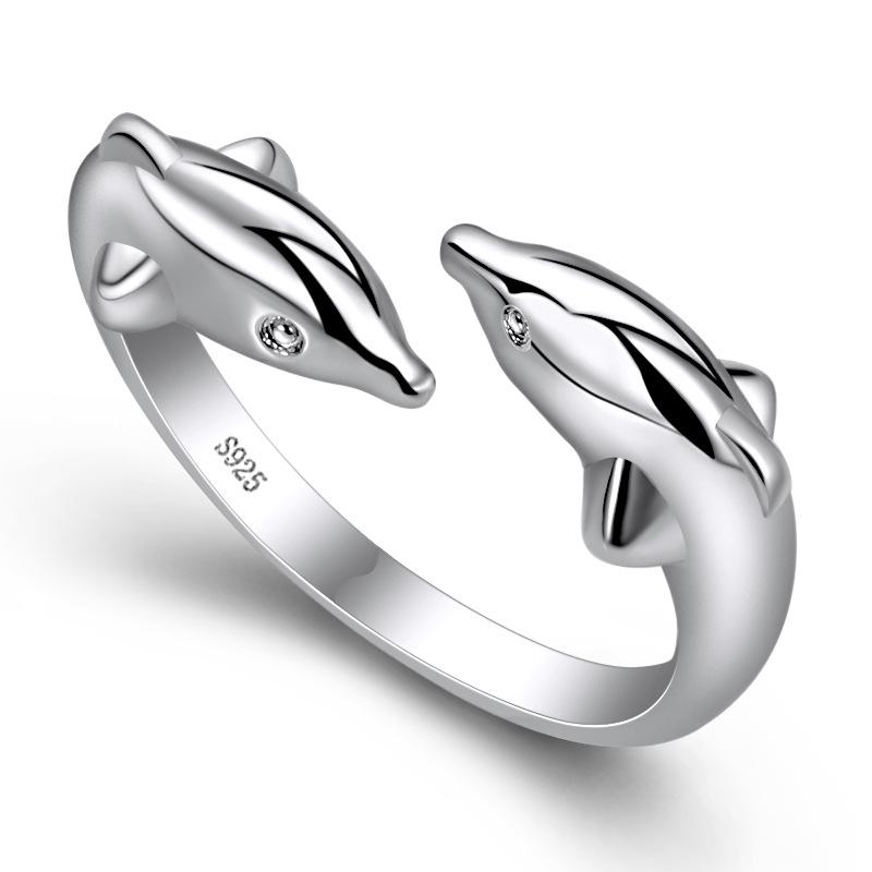 Qiaolanxuan Doppel-Delfin Liebe Imitation Sterlingsilber Verstellbarer Ring für Damen