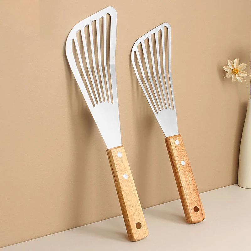 1 Stück Edelstahl Fischbratspatel mit Holzgriff Fächerförmiger Spatel Haushalt Hochtemperatur-Bratspatel