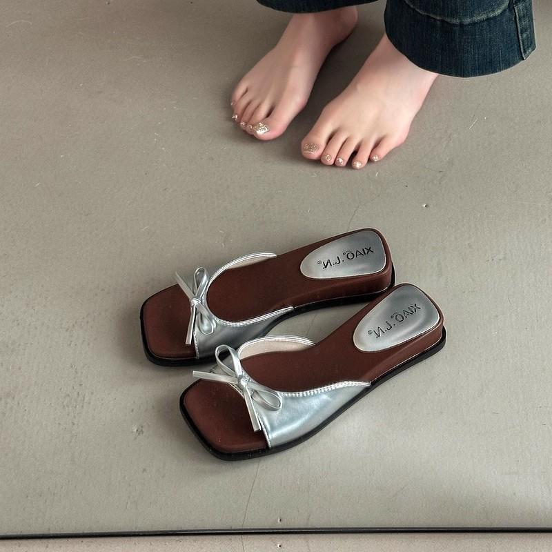 Bow versatile cool slippers women's summer French casual super fire slope with sandals fashion with skirt slippers
