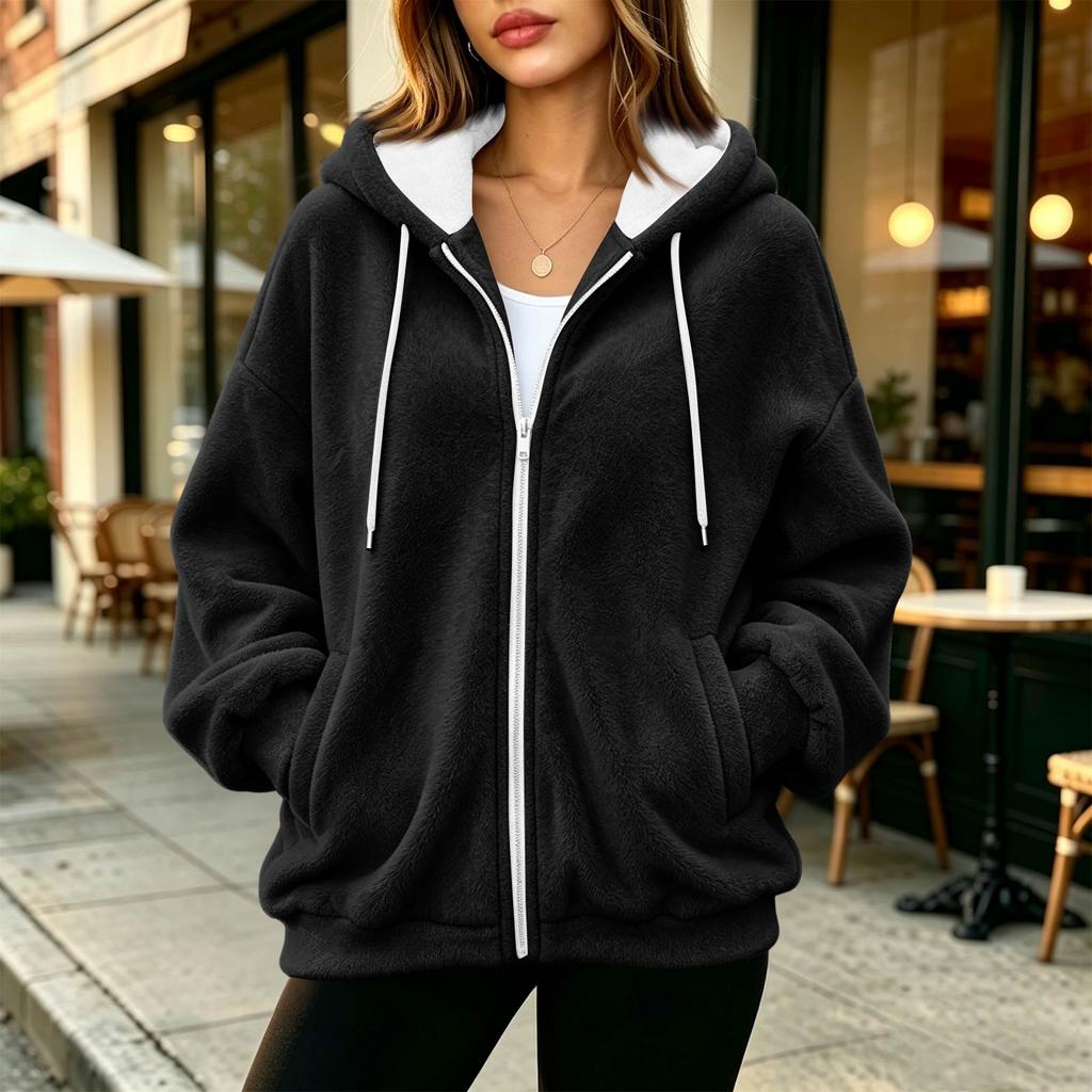 Damen Kapuzenjacke mit Reißverschluss, lockerer Schnitt, lange Ärmel, Farbe