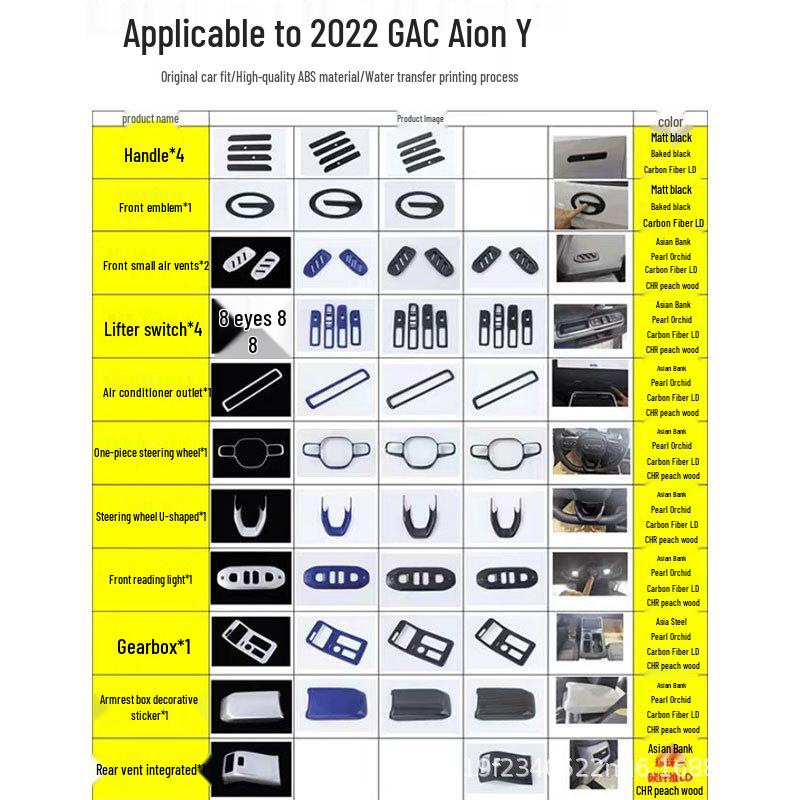Aion Y Interior Upgrade Kit: Air Vent, Steering Wheel, Gear Shift Frame, Armrest Box Sticker, and Front Reading Light.