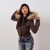 Vintage Brown Short Hooded Jacket Women's Full Sleeve Slim Detachable Fur Collar Winter Autumn Female Outerwear