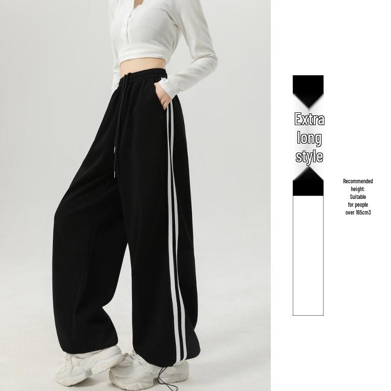 Women's American-Style Sweatpants with Side Stripe - High Waist, Slimming, Wide Leg - Spring/Autumn 2024