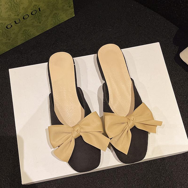 Square head bow slippers women's summer wear ins trendy year new versatile fairy flat bottom bag head half slippers