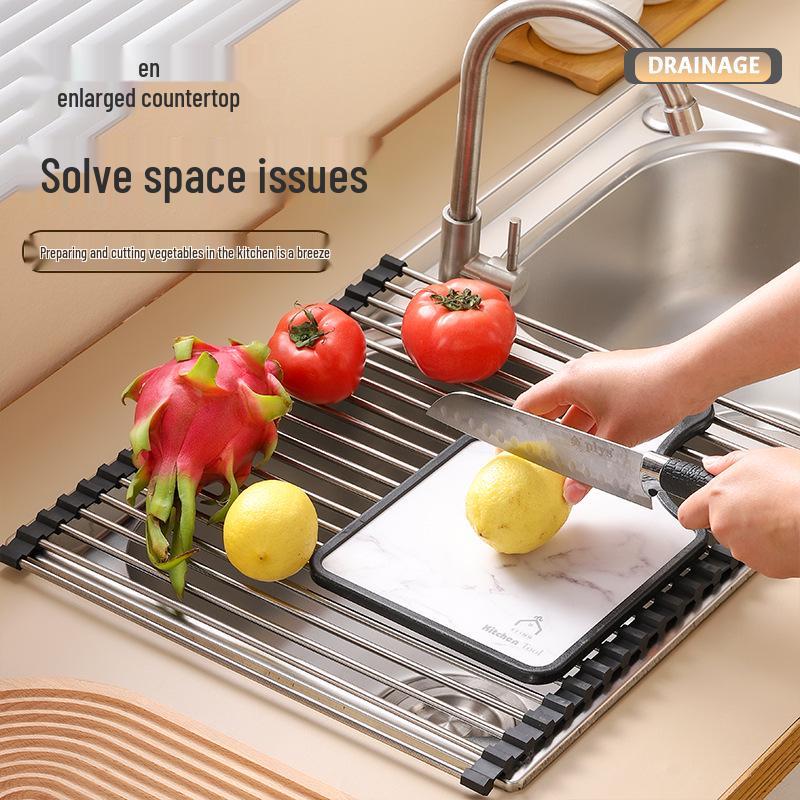 Multi-functional Silicone Roll-up Dish Drying Rack for Bowls, Chopsticks, Fruits, and Vegetables - Stainless Steel Folding Sink Rack for Plates.