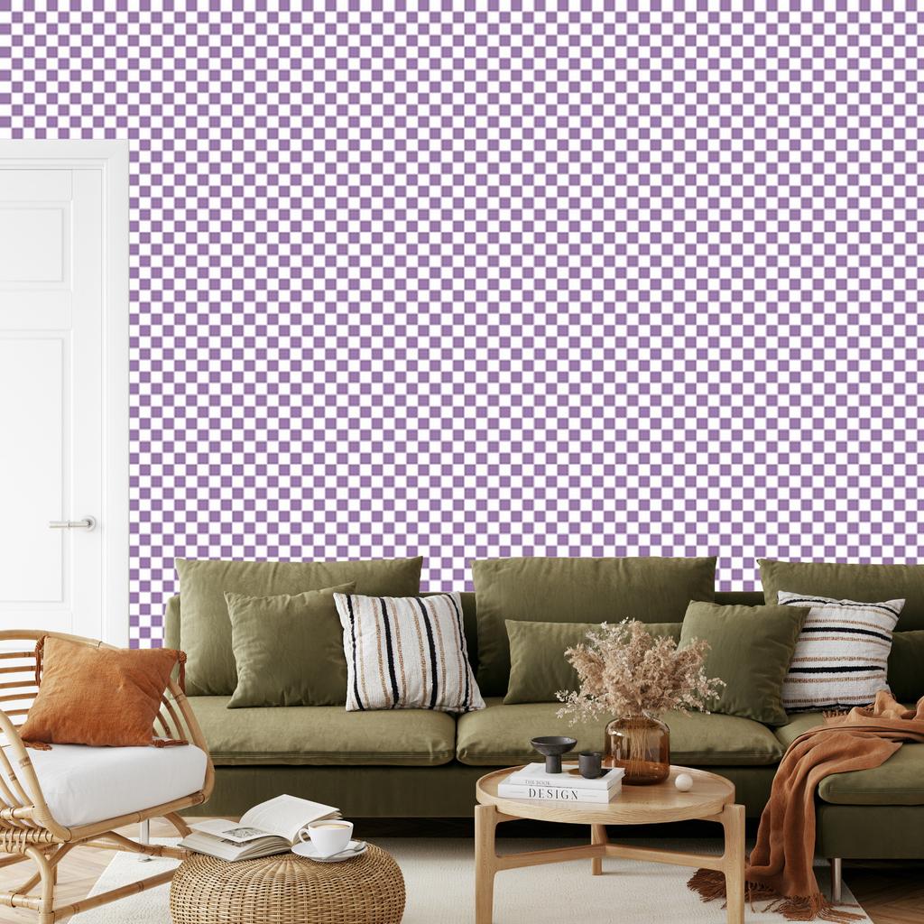 Checkerboard Wallpaper in Purple, White, Light Gray and Lavender 50x1000