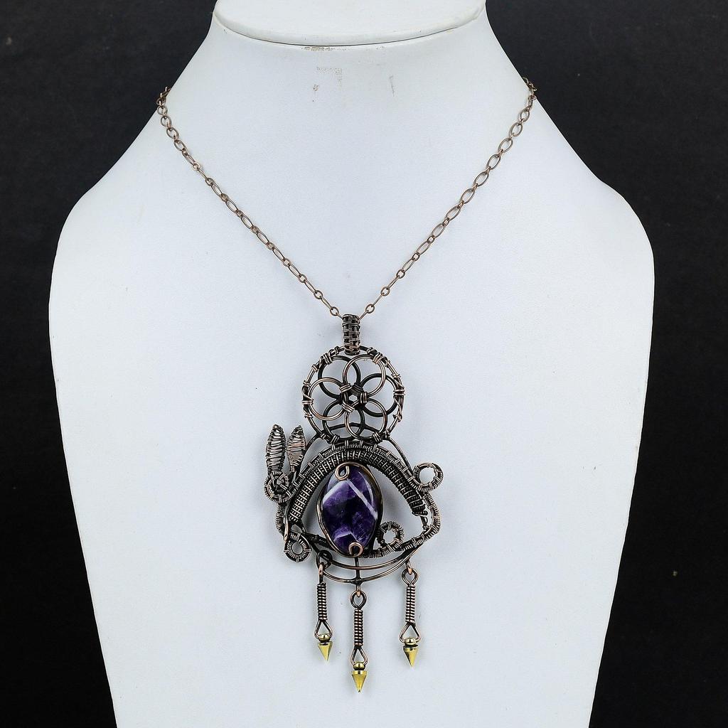 Chevron Amethyst Pendant Gemstone Jewelry, 999 Copper Wire Wrapped Pendant, Handmade Antique Jewelry Gift For Mother