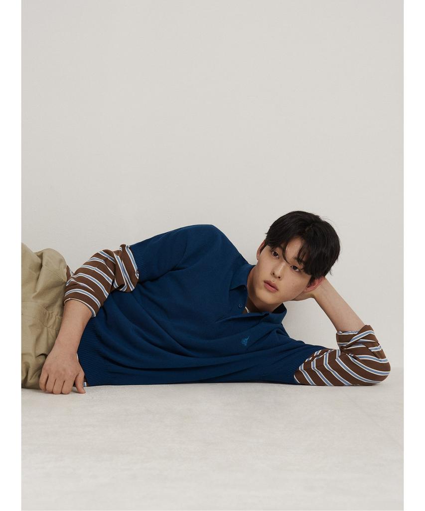 Binpolmen Cotton Silk Collared Neck Knit Blue
