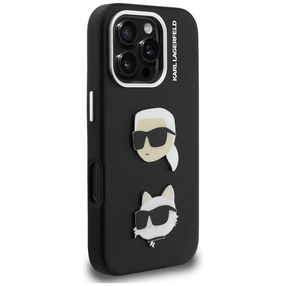 Karl Lagerfeld FW Grained Karl & Choupette Heads Pins Case for iPhone 16 Pro Black