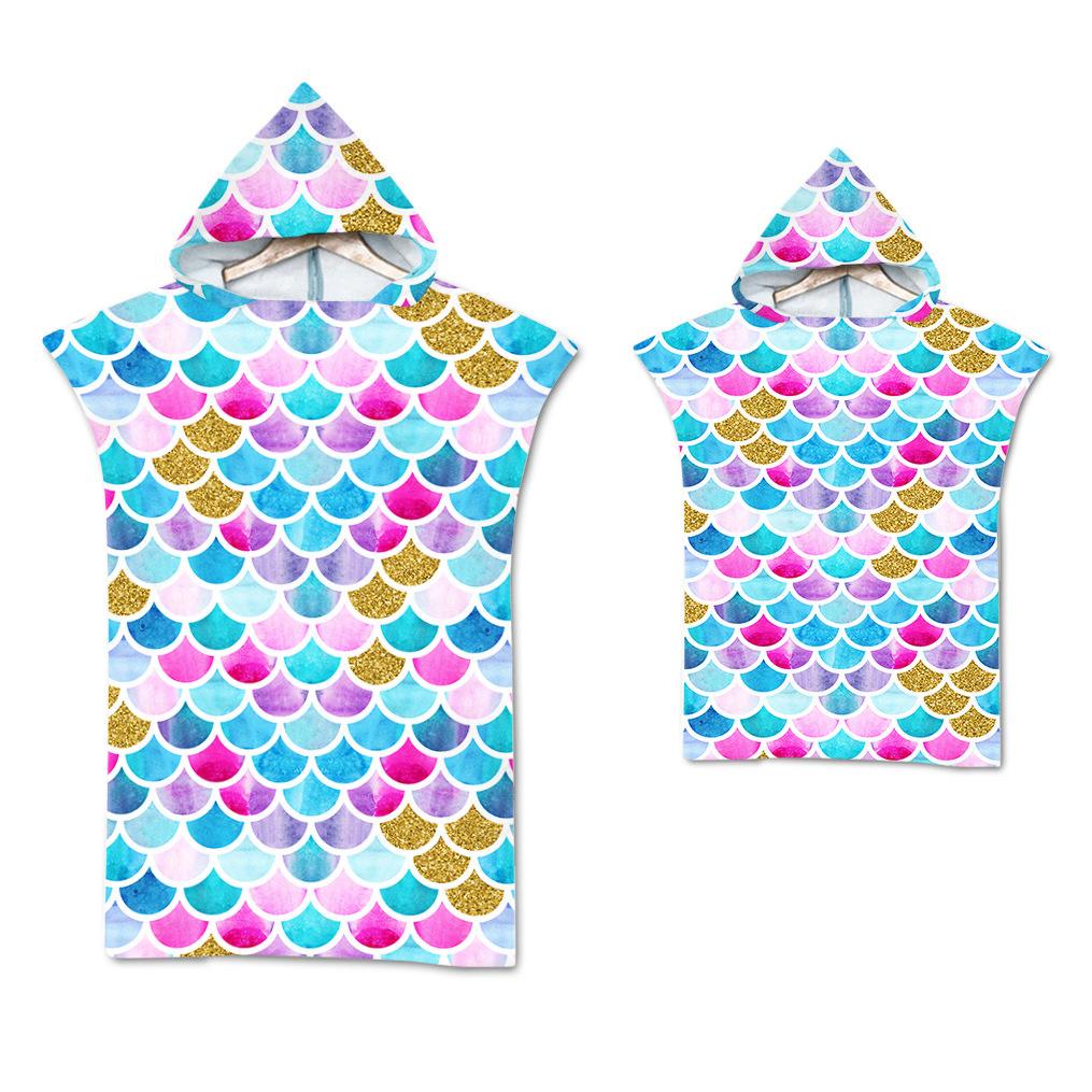 Rainbow Scale Microfiber Beach Towel Quick Dry Hooded Cloak Wetsuit Towels Adult Kids Parent-Child Poncho Bathrobe for Swim Surf