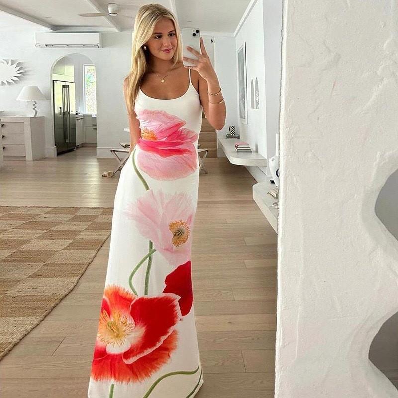 Summer Flower Print U Neck Backless A Line Dress With Sleeveless Design For Teen Women