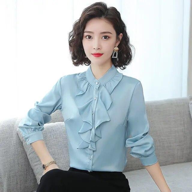 Chiffon Blouse Women's Spring Autumn New Standing Collar Long Sleeved Professional Shirt Solid Color Ruffle Bottoming Top