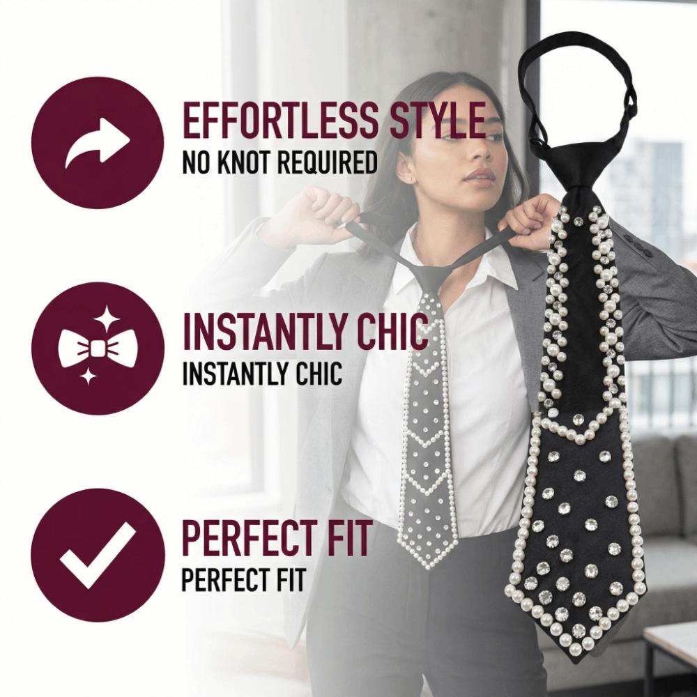 Elegant Rhinestone Pearls Tie Black Korean Style Hand-beaded Long Necktie Collares Geometric Decoration Shirt Tie Women