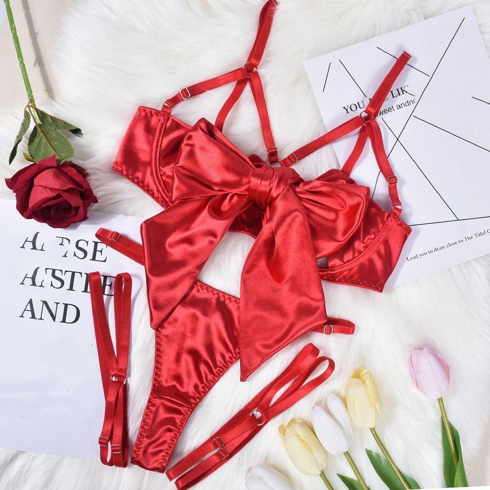 Hollow Out Underwear Three Piece Set Bow Women Lingerie Set Comfortable Satin Silk Bra Suit  Home