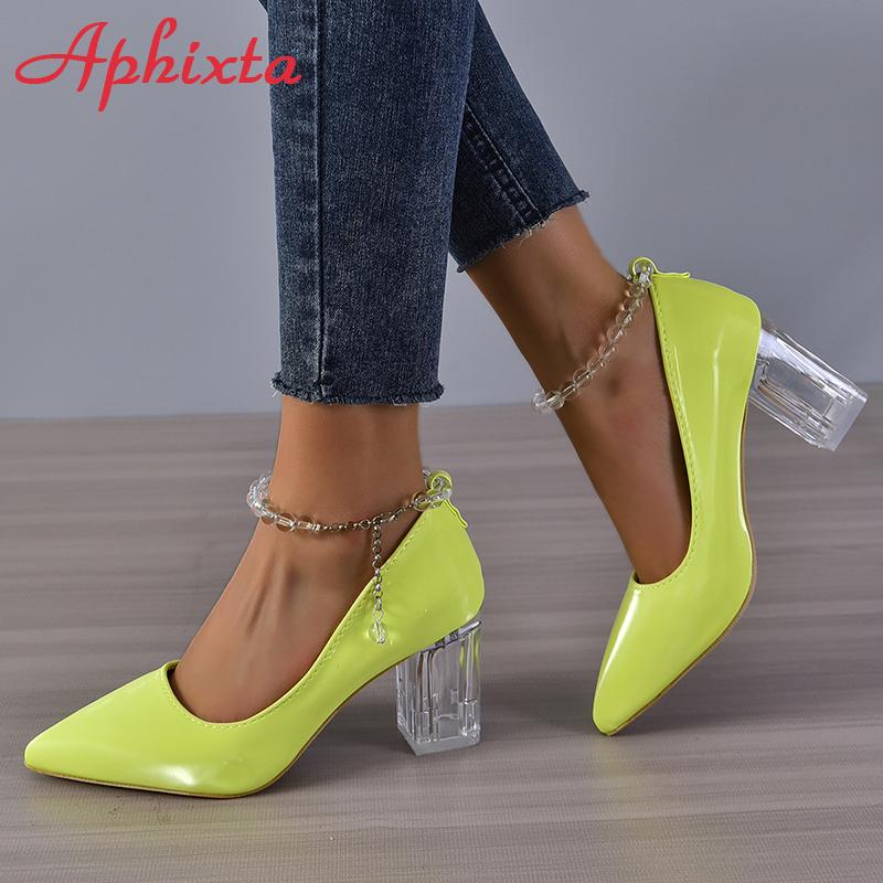 Fashion Aphixta  New Luxury Crystals Bow Transparent Bead Chain 7cm Transparent Chunky Heels Pumps Women Shoes String Bead Belt Chain