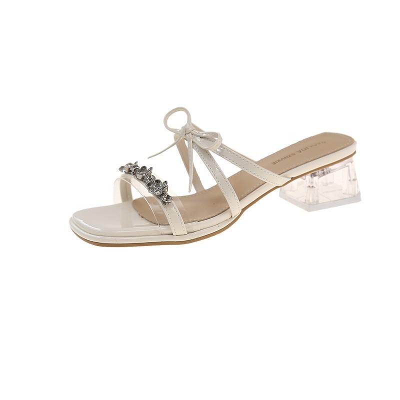 2025 popular thick heel beautiful fashion with skirt bow outside wear summer fashion fairy style one word slippers women's new models