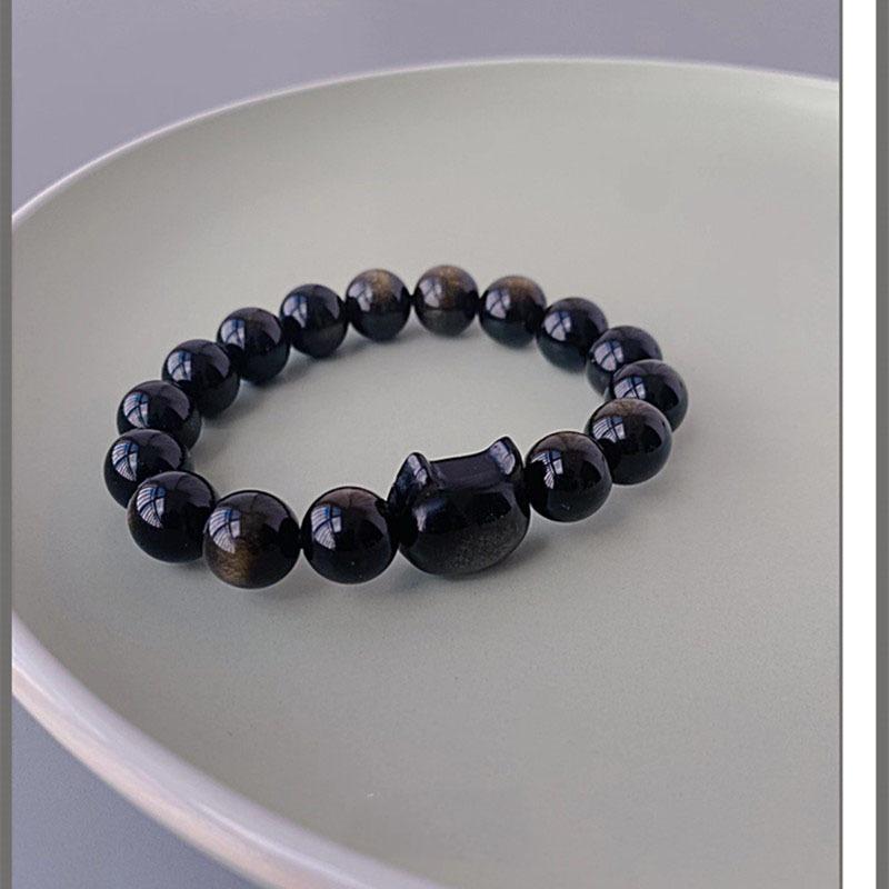 Caché Mon Ami: Bracelet Tête de Chat en Obsidienne Argentée Naturelle pour Femmes - Doux, Cool et Personnel.