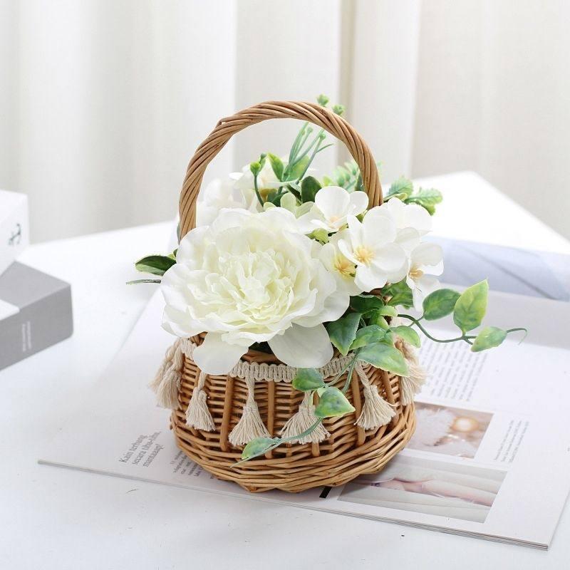 Korean Pastoral Silk Flowers In Handmade Woven Basket for Living Room or B&B Decor