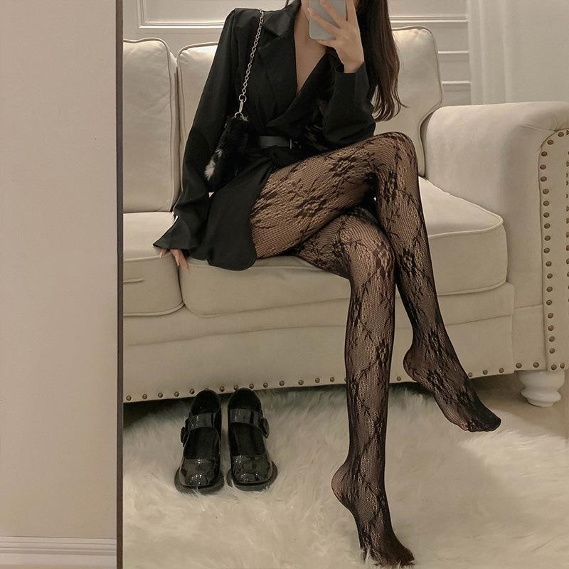 Japanese Goth Floral Rattan Fishnet Classic Tights Women Sexy Black White Lolita Hollowed Lace Mesh Stockings Bottomed Pantyhose