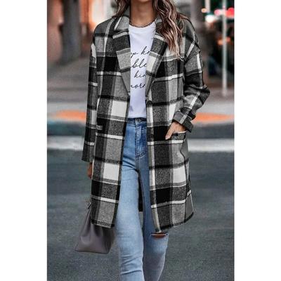 Coats Women Plaid Jackets Lapel Pocket Long Outerwear Casual Button Wool Blend Trench Jacket Pockets Office Lady Streetwear