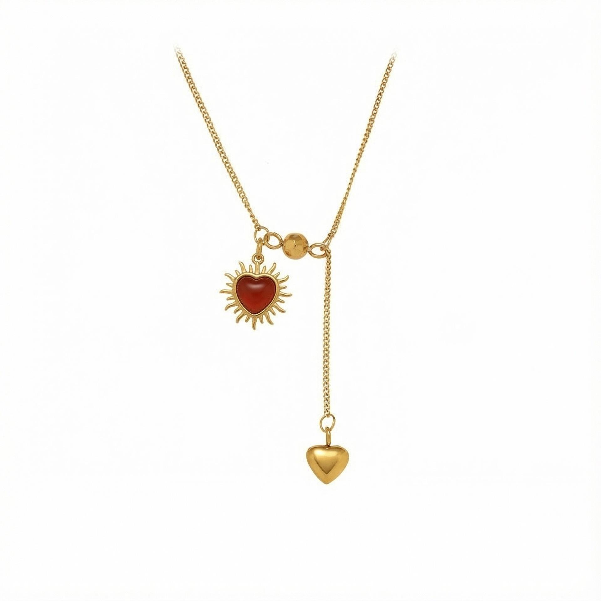 

Gold Chain Love Agate Sun Shape Double Pendant Necklace Niche Retro Style Personality Literature And Art