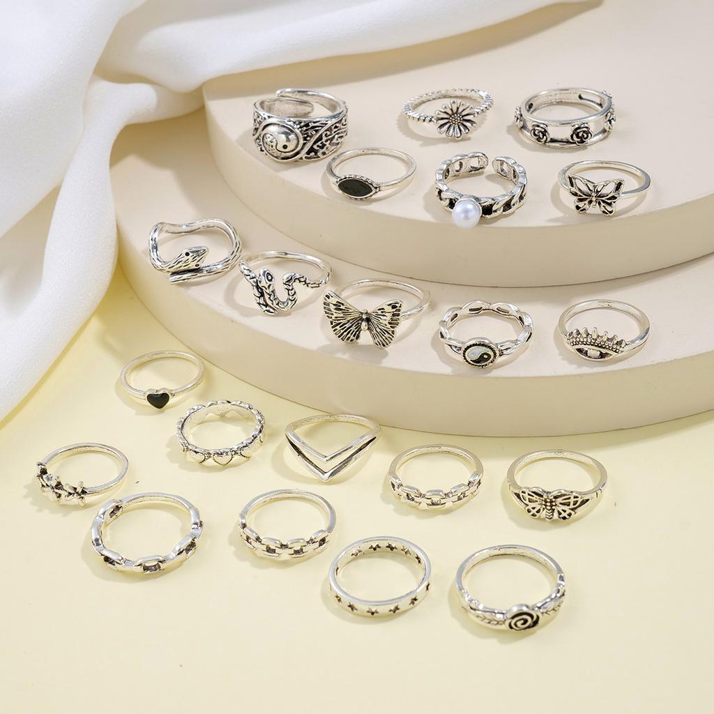 Retro Silver Color Geometric Knuckle Rings Set For Women Eye Cross Sun And Moon Leaf Charm Finger Ring Female Boho Party Jewelry