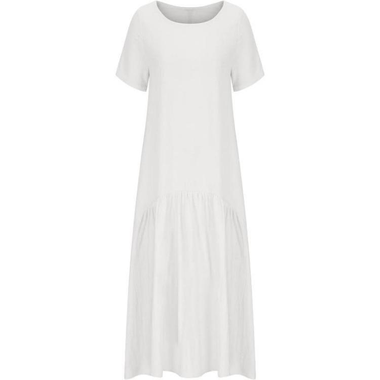 Summer Fashion Women V Neck Loose Cotton Linen Dress Oversized Long Maxi Dress Short Sleeve Female S-5XL