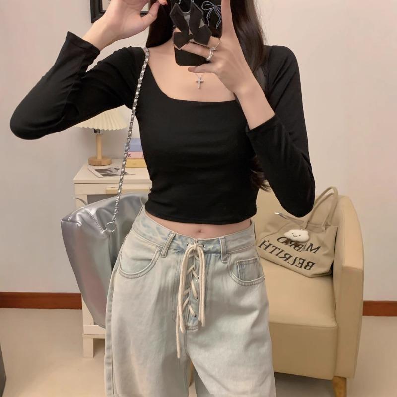 Clavicular-bone Cotton Autumn New Long Sleeve Pure Desire for Simple Style Slimming All Wear Outside Wear Inside Long Sleeve Base Shirt