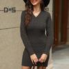Fall Winter Women Dress Knitted Thick V Neck Slim Fit Long Sleeves Above Knee Length Twisted Texture Pure Color Sheath Office Party Mini Dress