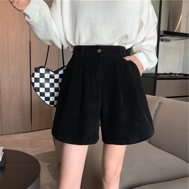 Corduroy Shorts for Women Autumn Winter Vintage Style Clothing Solid Wide-leg Shorts Casual Elastic Waist A-line Pants