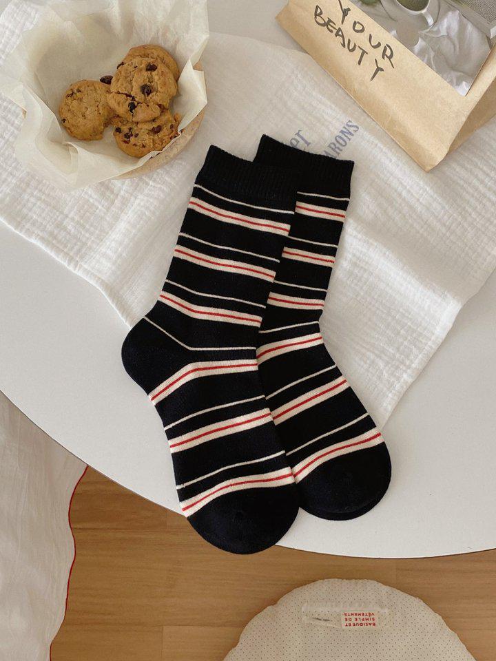 Korean Style Trendy Striped Mid-Calf Women s Literary Academy Loose Socks One Size