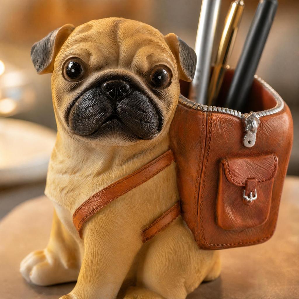 PugShaped Pen Holder Decorative Pug Desk Organizer with Front Pocket Playful Canine Sculpture