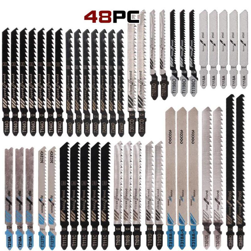 48Pcs HSS Ground Teeth Straight Cutting T-Shank Jig Saw Blades Metal Steel Wood Assorted Saw Blades Woodworking Tools Cutting