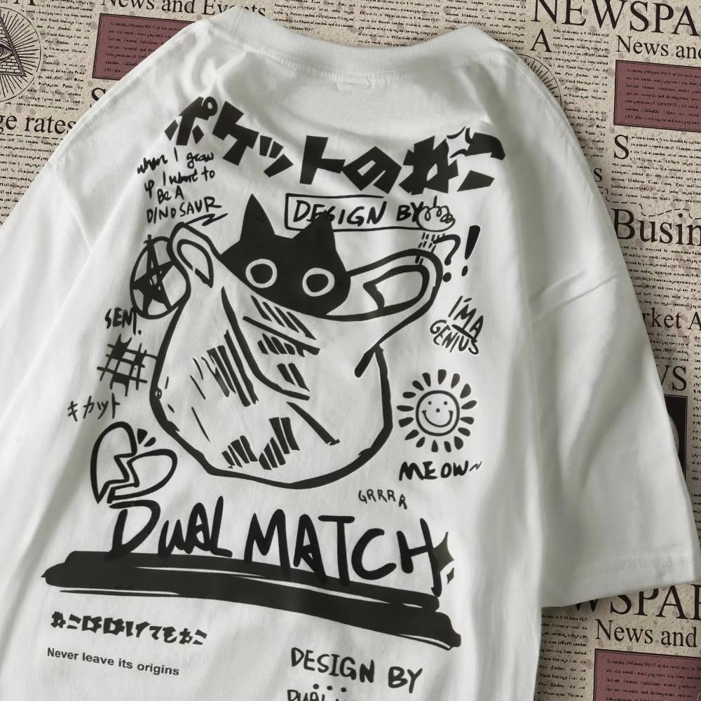 Kawaii Male Female Cartoon T-Shirts 2024 Summer Harajuku Cat Printed Short Sleeve Tees Couple Streetwear Loose Clothes Y2K Tops