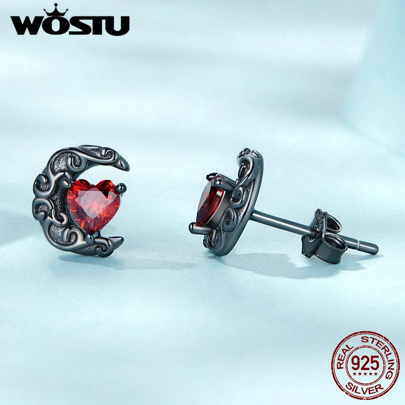 WOSTU 925 Sterling Silver Punk Black Gold Heart Red CZ Stud Earrings For Women Moon Ear Studs Halloween Collection Jewelry Gift