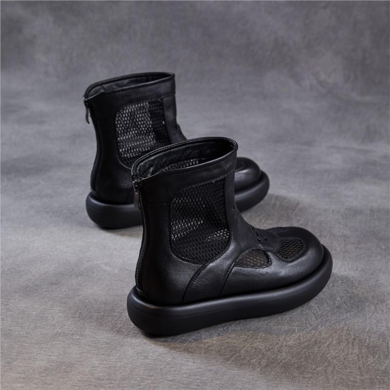 Johnature Genuine Leather Thick Soled Roman Women's Summer Boots Hollow-out Breathable Casual Mesh Short Boots