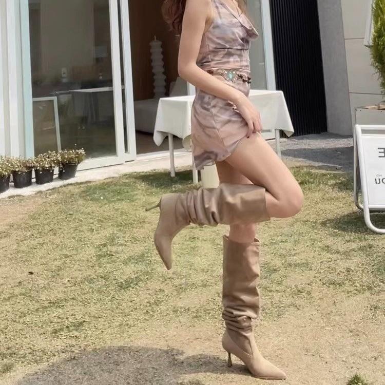 Large Tube Circumference Stacking Boots Pointed Boots Women's Large Size Thin Heel High Boots High Heel Thick Leg Knee Boots