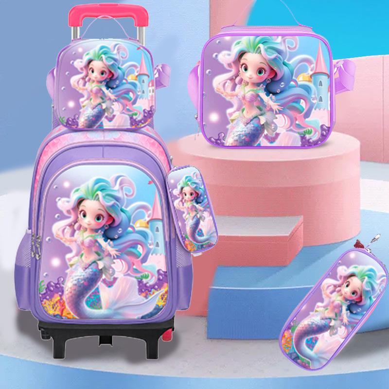 Cute Cartoon Double-Shoulder Backpack with Two-Wheel and Six-Wheel Options, 3-Piece Set for Primary School Students