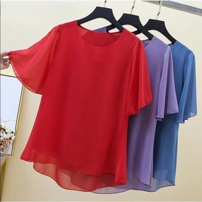 Large Size Chiffon Shirt Women's Short-sleeved Mother's Clothes Loose and Thin Maternity Clothes Tops Round Neck Bottoming Shirts