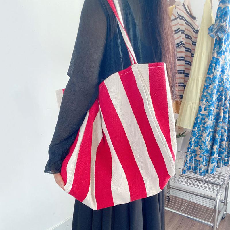 Große Canvas-Henkeltasche Damen Sommer Streifen Einfache Damen Freizeit-Handtasche Outdoor-Umhängetasche