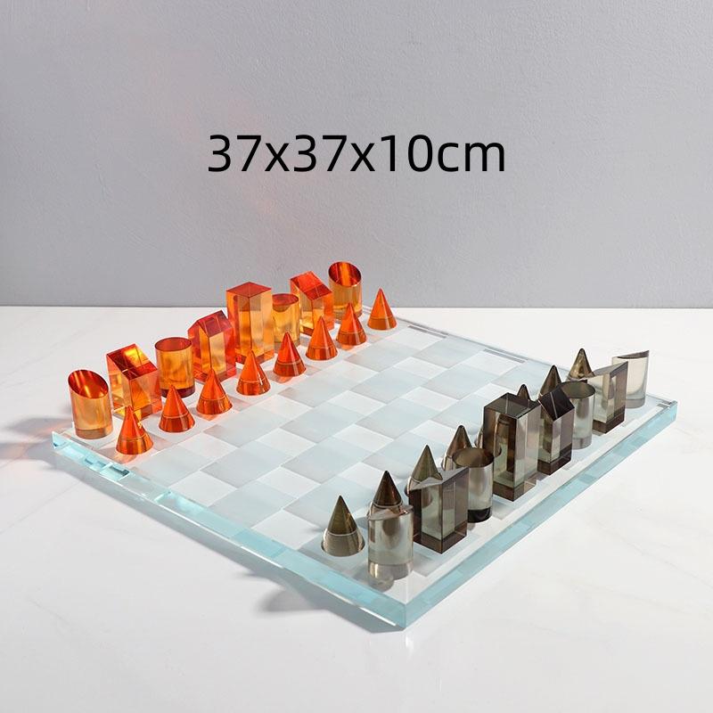 Glass Craft Geometric Crystal Chessboard Chess Transparent Square Tartan Grid King Queen Decorative Figurines Home Decoration