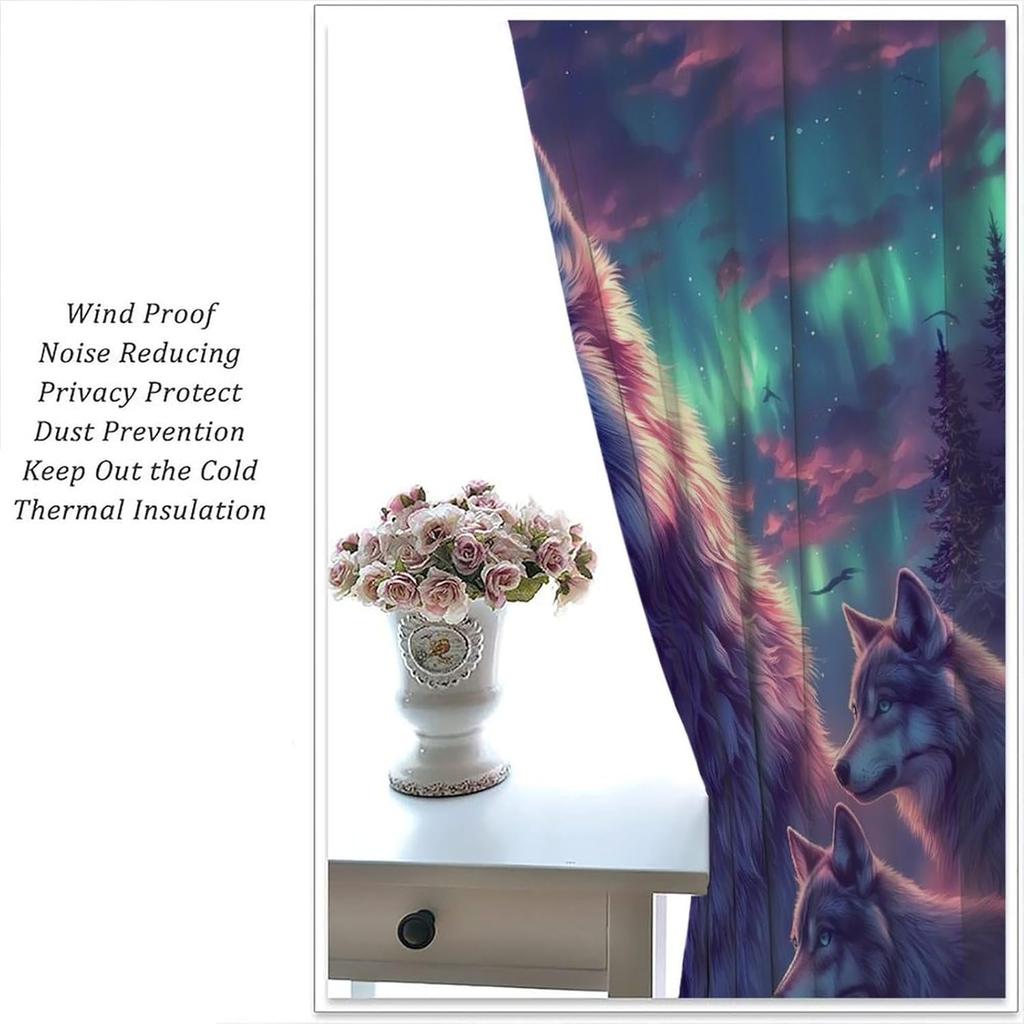 Blackout Wolf Curtains Retro Nature Wildlife Drapes Aurora Forest Wolves Animal Pattern Window Treatments Curtain Living Made Of Polyester Washable