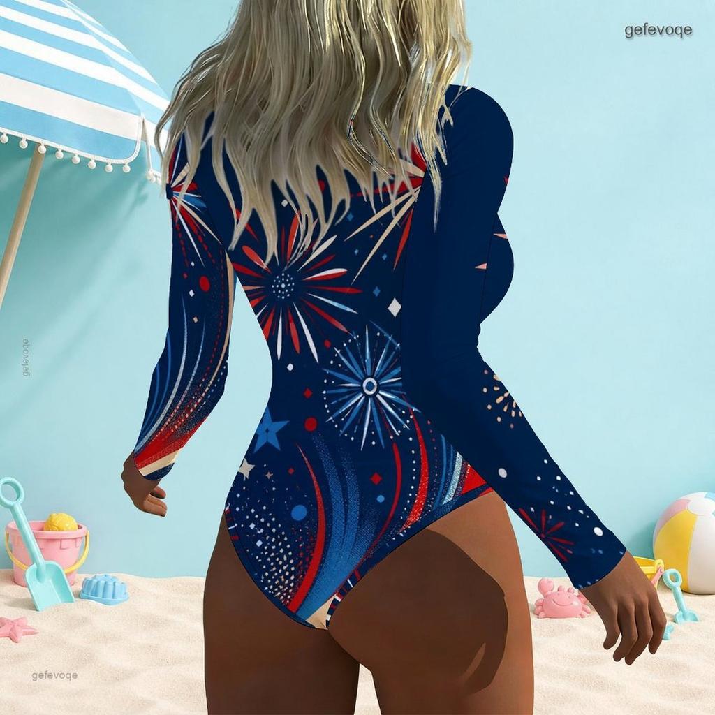 Women Plus Size High Neck Long Sleeve Front Zip Navy Gold Red Printed One Piece Swimsuit