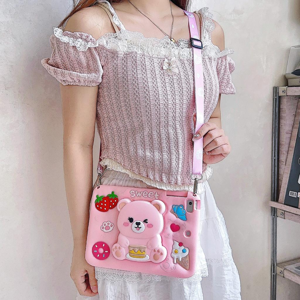 Cute Strawberry Bear Case for iPad Applicable to Samsung tablet and Redmi pad 2 SE 9.7 8.7 11" silicone case with pen slot Cute girl Kids tablet case