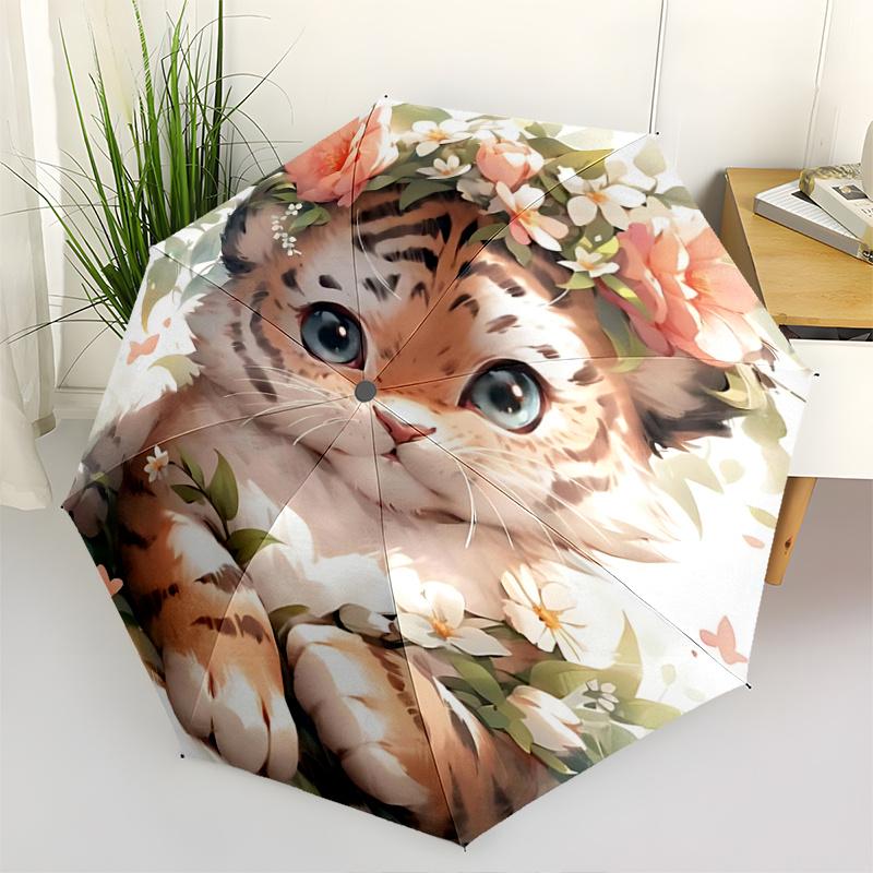 1pc Adorable Tiger Automatic Opening and Closing Umbrella - Lightweight 3-Fold Design, Suitable for Fans, Travel, Daily Use - Official Product, I