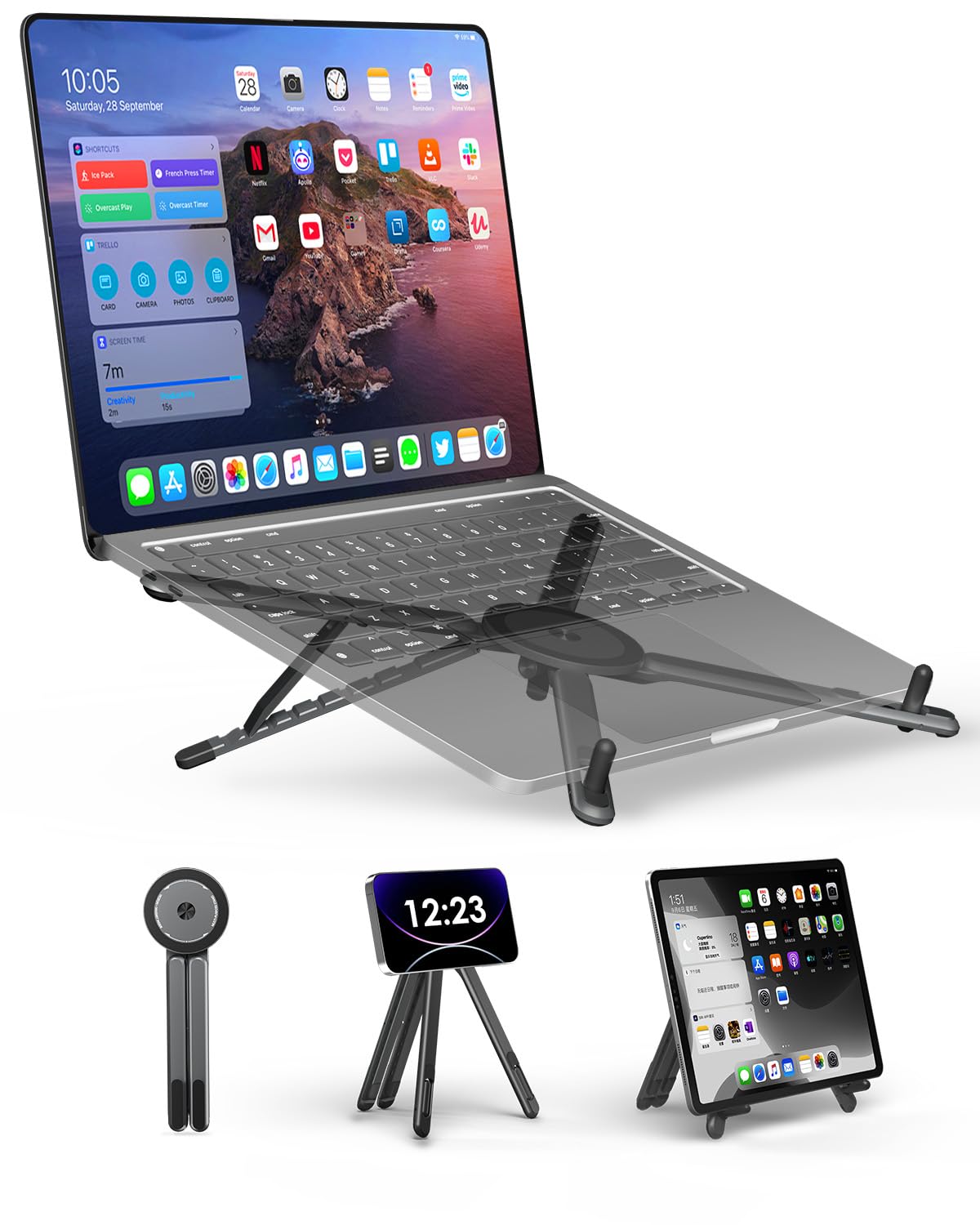 

viozon Компактная подставка для ноутбука с магнитной фиксацией, подходит для ноутбуков и смартфонов с диагональю дюймов и дюймов, плавная регулировка высоты от до, портативная и легкая