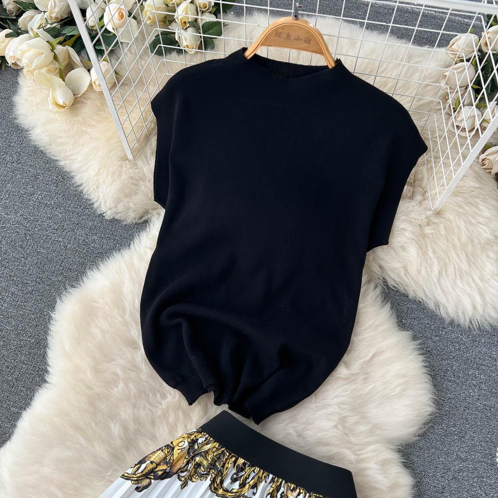 Ethnic Style Two-Piece Suit Women's Summer Temperament Short T-Shirt Top Printed High Waist Pleated Skirt