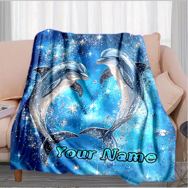 1PC Custom Name Dolphins Starry Sky Flannel Blanket Versatile,all-season Throw Suitable for the Living Room,bedroom,camping,travel,and Gift