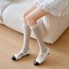 Women Elegant Thin Sheer Solid Color Silk Over Calf Socks Japanese Style Geometric Striped Pattern Knee Length Stockings