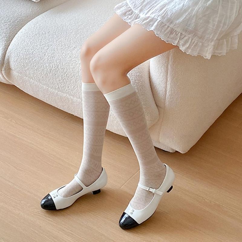 Women Elegant Thin Sheer Solid Color Silk Over Calf Socks Japanese Style Geometric Striped Pattern Knee Length Stockings